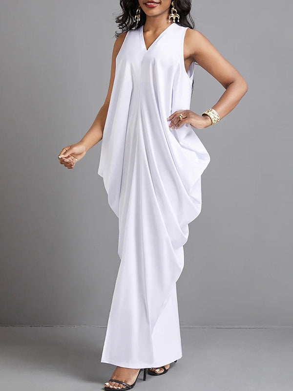 Loose Sleeveless Pleated Solid Color V-Neck Maxi Dresses