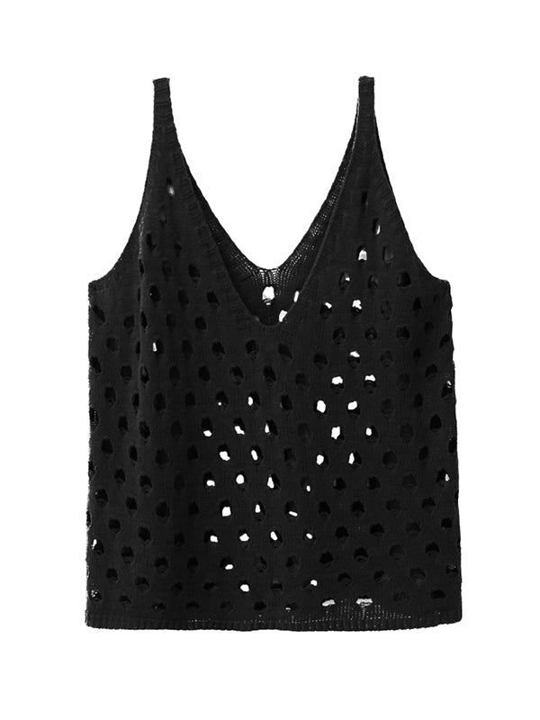 Hollow Solid Color Loose Sleeveless V-Neck Vest Top