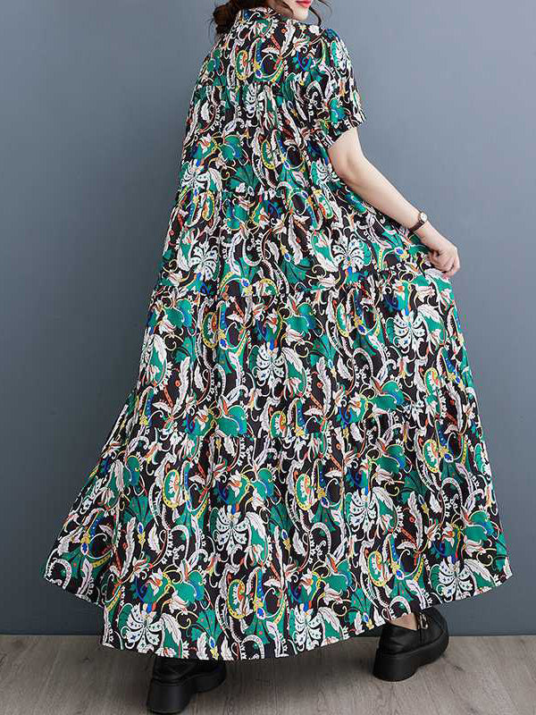 Printed Split-Joint A-Line Loose Stand Collar Midi Dresses