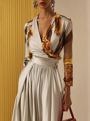 Long Sleeves Loose Floral Printed Pleated Split-Joint V-Neck Jumpsuits