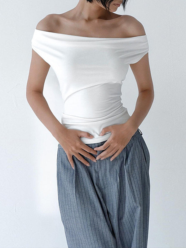 Backless Solid Color Split-Joint Tied Skinny Sleeveless Off-The-Shoulder T-Shirts Tops