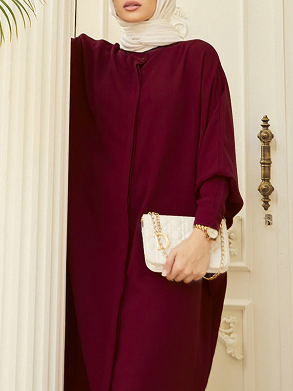Buttoned Muslim Solid Color Split-Side Batwing Sleeves Loose Round-Neck Muslim Abaya Maxi Dresses