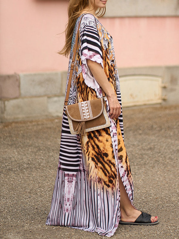 Printed Split-side Tiger Skin Pattern Batwing Sleeves Loose V-neck Maxi Dresses Beach Cover-Up