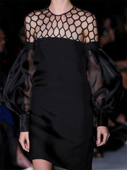 Hollow Solid Color Split-Joint Long Sleeves Loose Round-Neck Mini Dresses