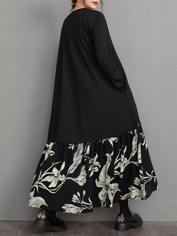 Asymmetric Flower Print Split-Joint A-Line High-Low V-Neck Midi Dresses