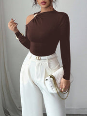 Asymmetric Solid Color Long Sleeves Skinny Asymmetric Neckline T-Shirts