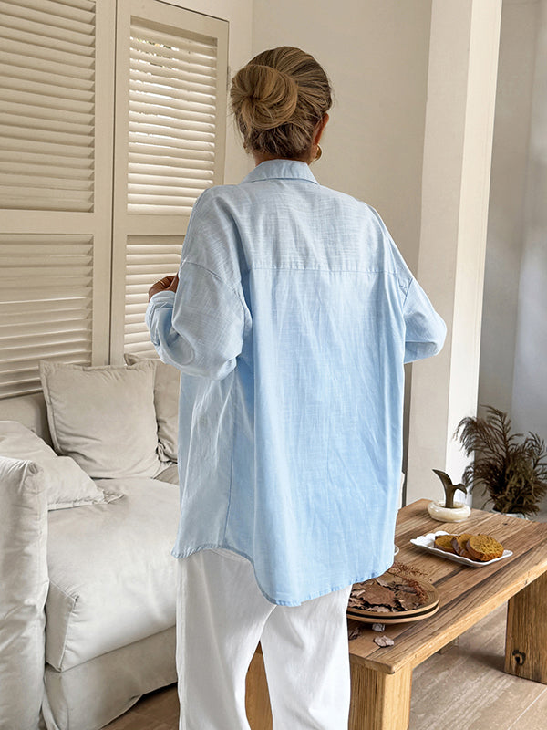 Buttoned Solid Color Long Sleeves Loose Lapel Blouses&shirts Tops
