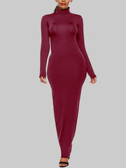 Solid Color Bodycon Long Sleeves High Neck Maxi Dresses