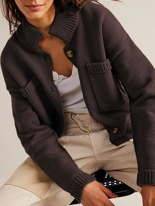 Buttoned Pockets Solid Color Split-Joint Long Sleeves Loose Stand Collar Cardigan Tops