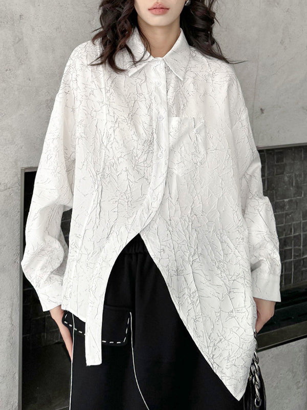 Abstract Printed Asymmetric Buttoned Wrinkled Irregularity Long Sleeves Lapel Blouses&Shirts Tops