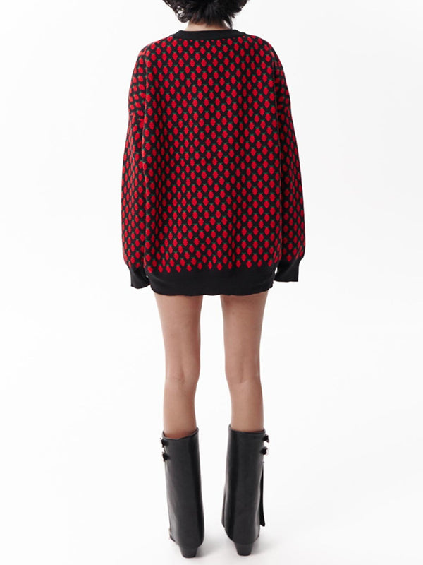 Pleated Split-Joint Long Sleeves Loose Round-Neck Sweater Tops