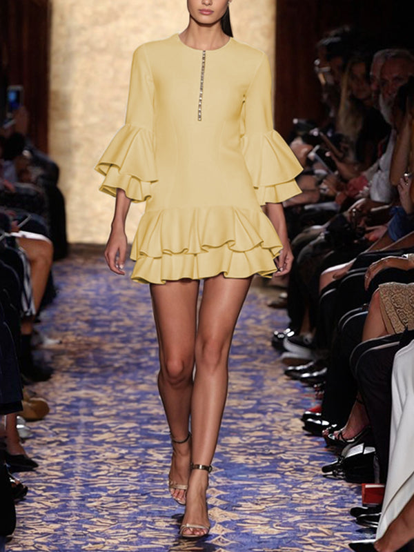 Double Layered Pleated Split-Joint Zipper A-Line Flared Sleeves Round-Neck Mini Dresses