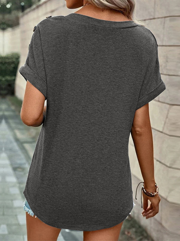 Buttoned Solid Color Loose Short Sleeves V-neck T-Shirts Tops