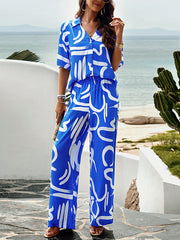 Loose Buttoned Printed Lapel T-Shirts Top + High Waisted Elasticity Pants Bottom Two Pieces Set