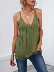Pleated Solid Color Split-Joint Sleeveless Spaghetti-Neck Camis
