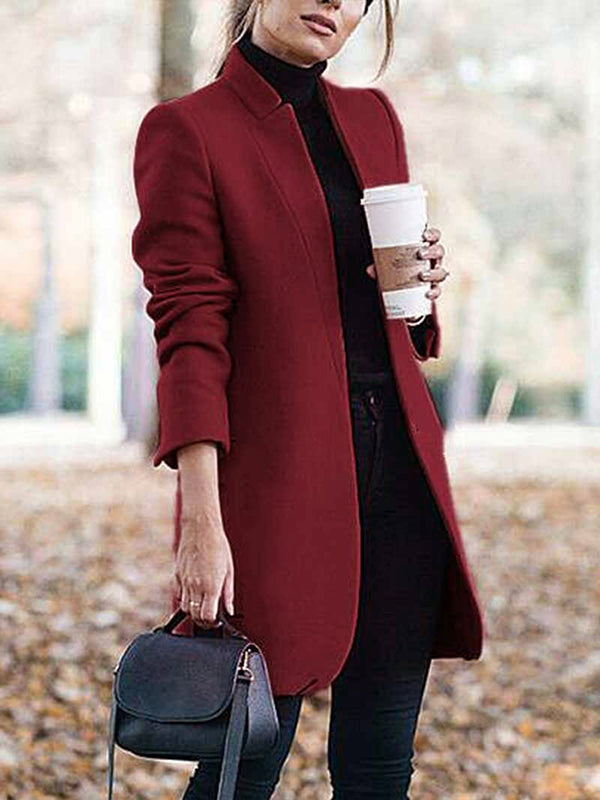 Solid Color Split-Joint Long Sleeves Stand Collar Woolen Coat Outerwear