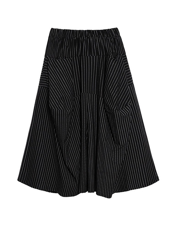 Elasticity Pockets Striped High Waisted Loose Pants Culotte