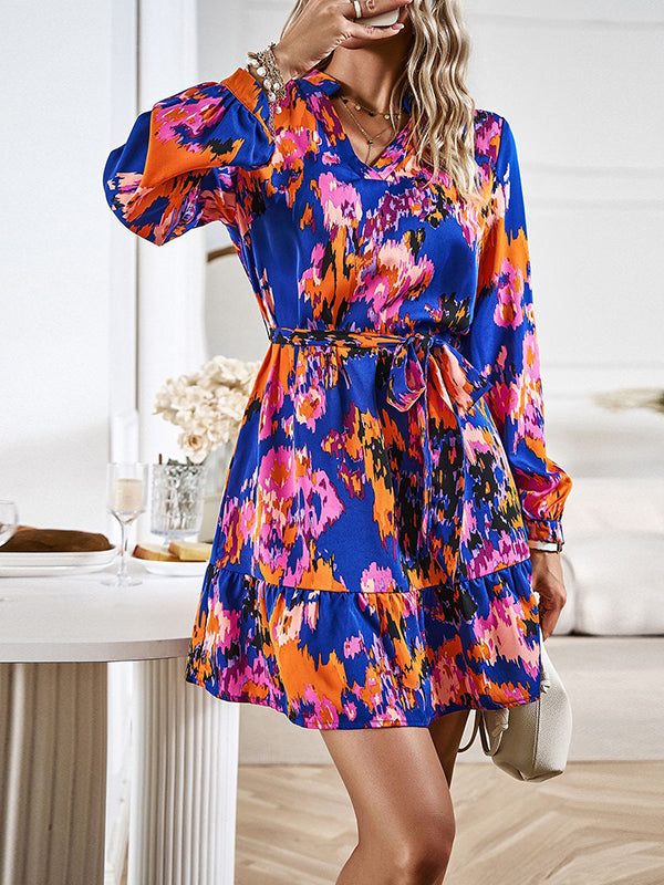 Printed Split-Joint Tied Waist Long Sleeves Loose V-Neck Mini Dresses