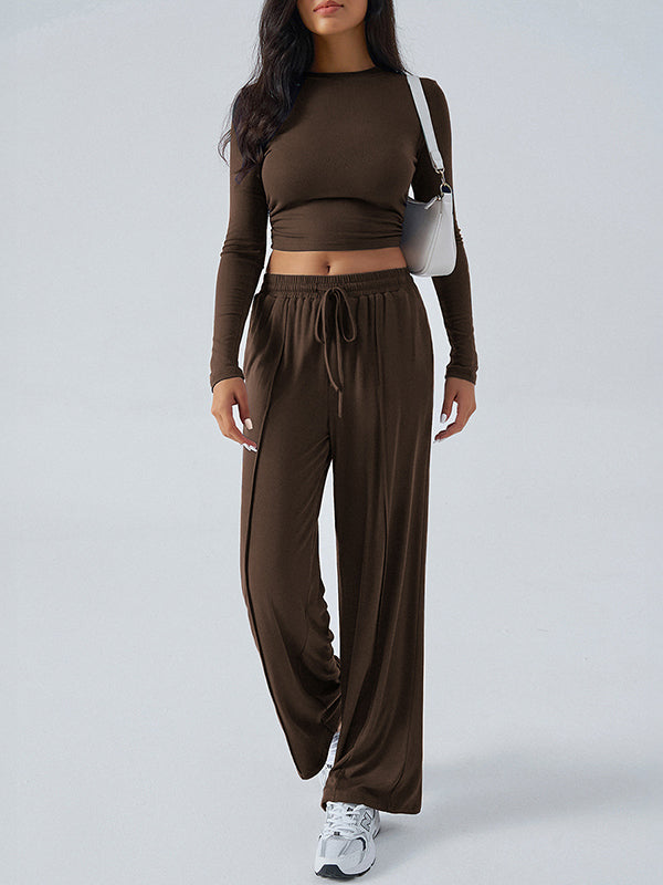 Round-Neck Long Sleeves Loose Solid Color T-shirt Top + Drawstring Elasticity Pockets Pants Bottom Two Pieces Set