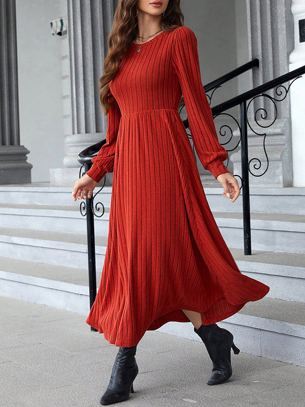 Solid Color Split-Joint A-Line Long Sleeves Round-Neck Midi Dresses