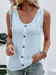 Buttoned Hollow Pleated Split-Joint Tied Loose Plus Size U-neck Vest Top