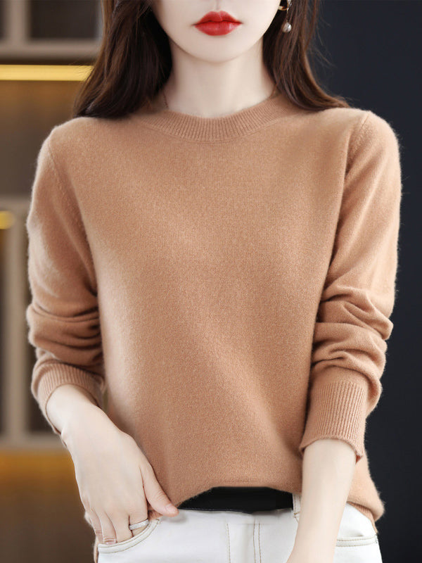 Casual Long Sleeves Loose Solid Color Round-Neck Sweater Tops