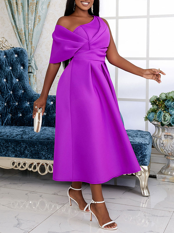 Hollow Pleated Solid Color Zipper Wrap One-Shoulder Midi Dresses