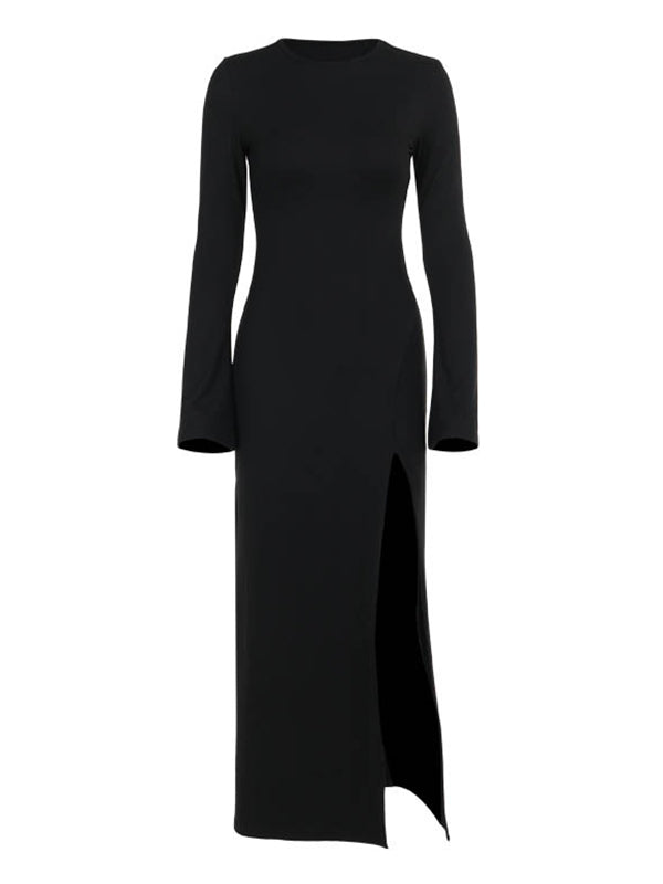 Asymmetric Solid Color Split-Joint Split-Side Long Sleeves Loose Round-Neck Maxi Dresses