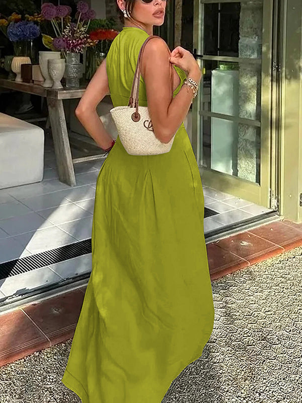 Pleated Pockets Split-Joint Zipper A-Line Loose Round-Neck Maxi Dresses