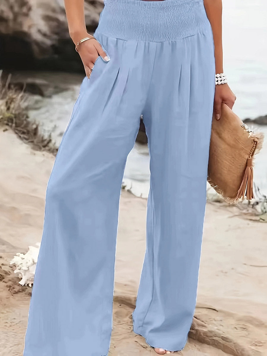 Pleated Pockets Solid Color Split-Joint Elasticated Waist High Waisted Pants