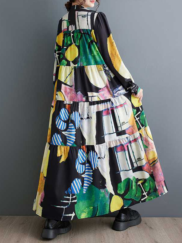 Buttoned Printed Split-Joint Long Sleeves Loose Round-Neck Midi Dresses