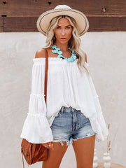 Urban Solid Color Pleated Puff Sleeves Off-The-Shoulder Blouse