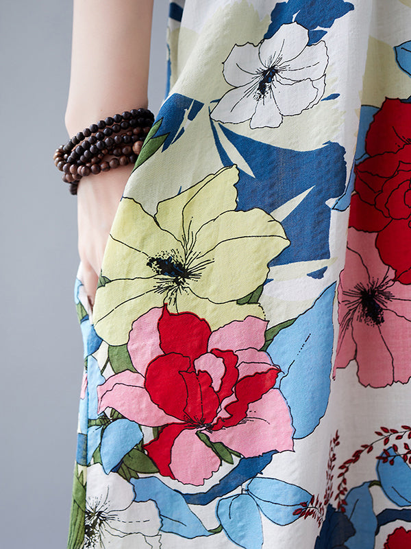 Original Loose Artistic Retro Floral Printed Pleated Midi Dress