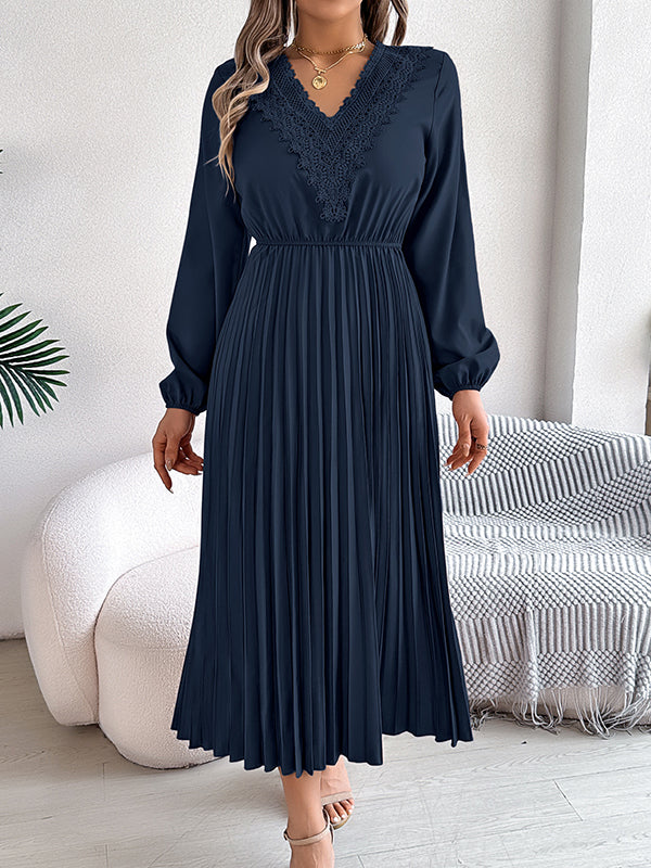 Pleated Solid Color Elasticated Waist High Waisted V-neck Midi Dresses