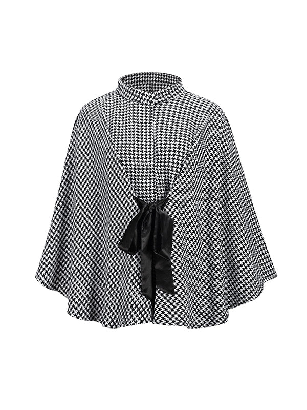 Houndstooth Tied Waist Batwing Sleeves Long Sleeves Stand Collar Outerwear Cape