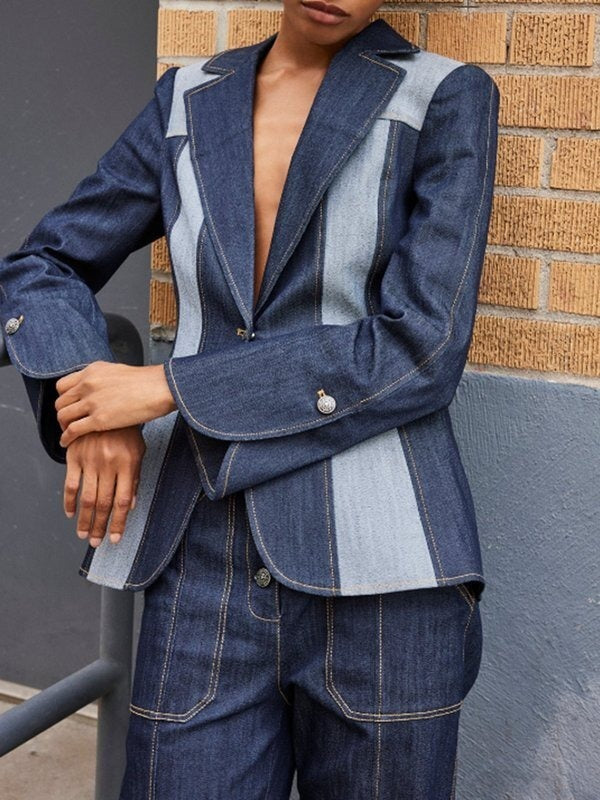Contrast Color Split-Joint Long Sleeves Loose Deep V-Neck Outerwear Jackets