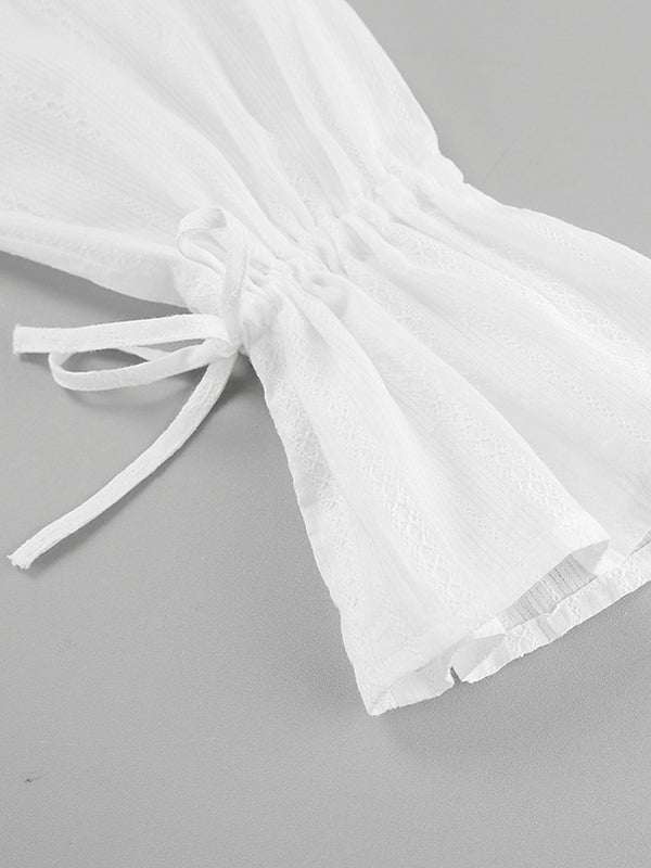 Drawstring See-Through Solid Color Split-Joint Loose Puff Sleeves Lapel Blouses&Shirts Tops