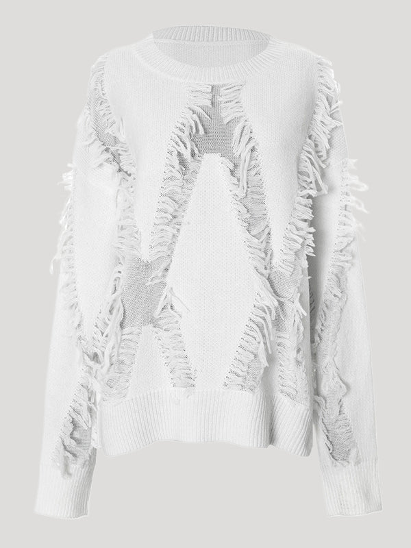 Solid Color Tasseled Long Sleeves Loose Round-Neck Sweater Tops Pullovers
