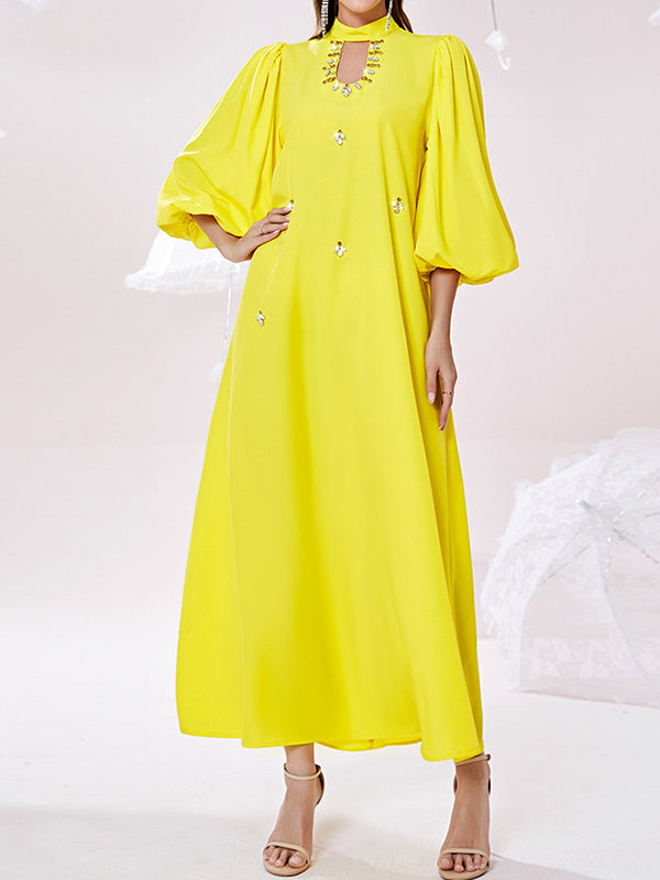 Hollow Rhine Stones Solid Color Bishop Sleeve Loose Mock Neck Maxi Dresses