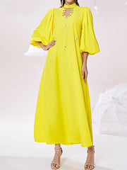 Hollow Rhine Stones Solid Color Bishop Sleeve Loose Mock Neck Maxi Dresses