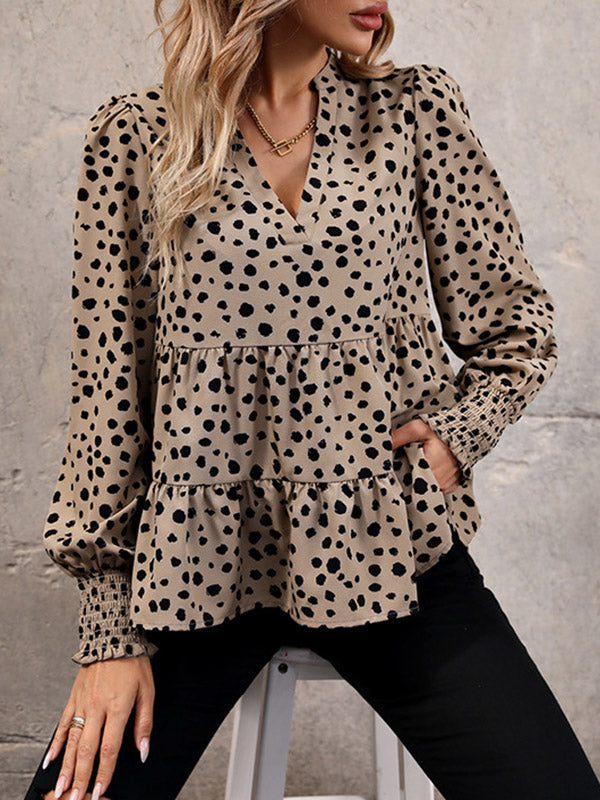 Elasticity Polka-Dot Split-Joint Long Sleeves Loose V-Neck Blouses&Shirts Tops