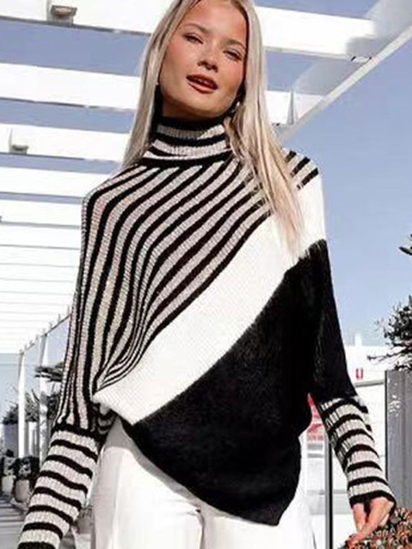 Trendy Batwing Sleeves Long Sleeves Striped High-Neck Sweater Tops