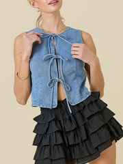 Lace-Up Split-Joint Loose Sleeveless Round-Neck Vest Top