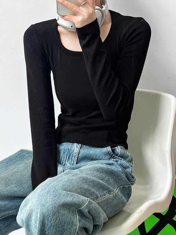 Solid Color Split-Joint Long Sleeves Skinny Round-Neck T-Shirts