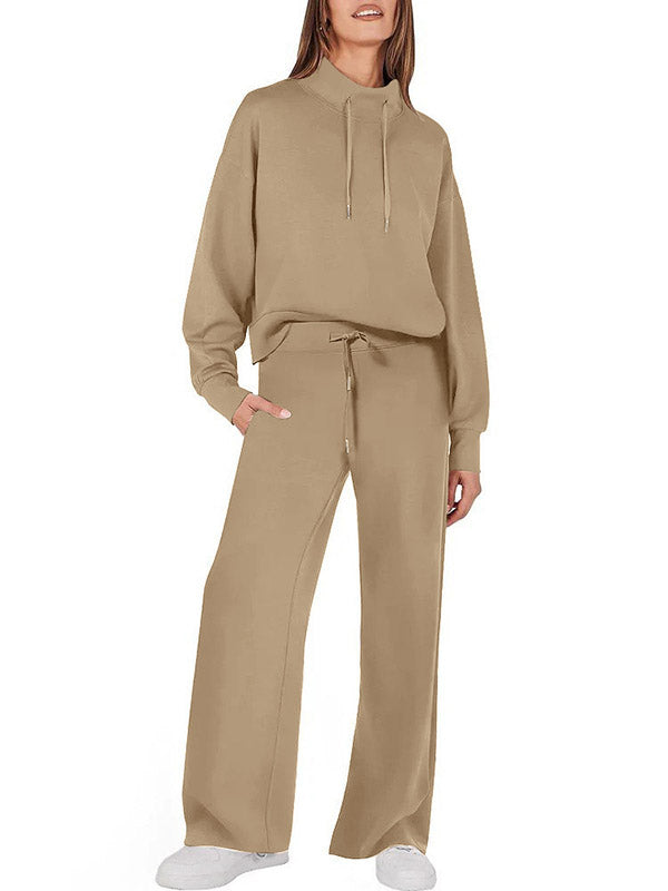 Drawstring Split-Joint High Waisted Long Sleeves Sweatshirt + Pants/Trousers Two Pieces Set