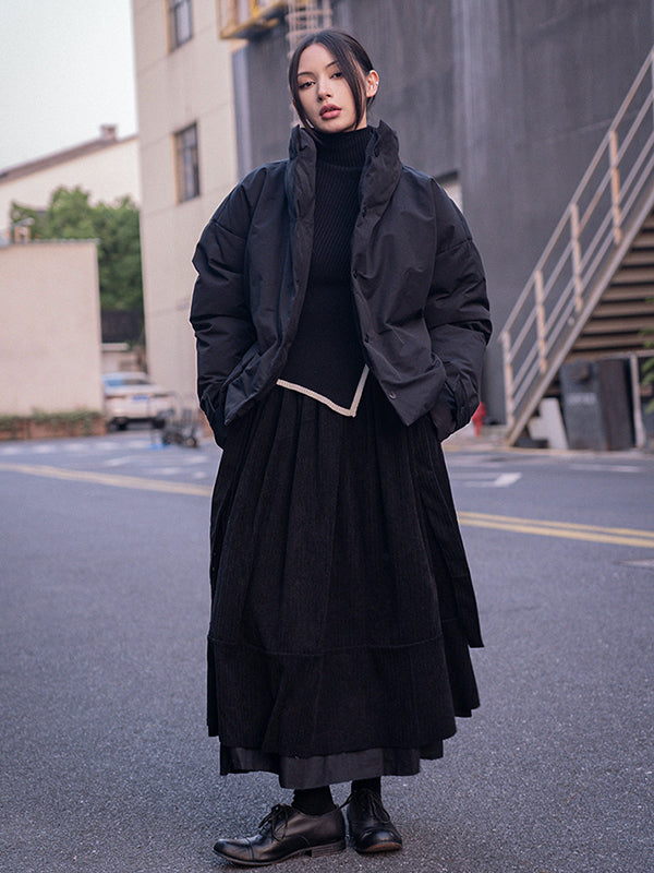 Urban Long Sleeves Buttoned Asymmetric Solid Color Stand Collar Padded Coat