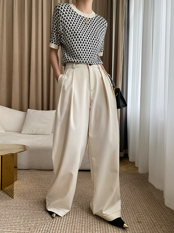 Houndstooth Half Sleeves Round-Neck Sweater Tops