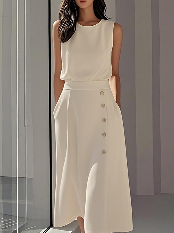 Loose Sleeveless Buttoned Pockets Solid Color Round-Neck Midi Dresses