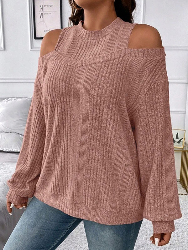 Hollow Solid Color Split-Joint Long Sleeves Loose Cold Shoulder T-Shirts Tops