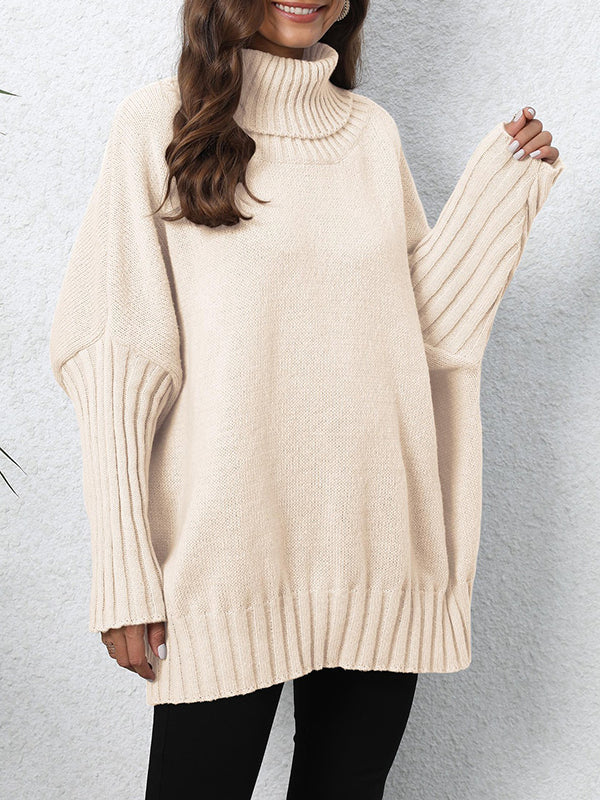 Pleated Solid Color Split-Joint Long Sleeves Loose High Neck Sweater Tops